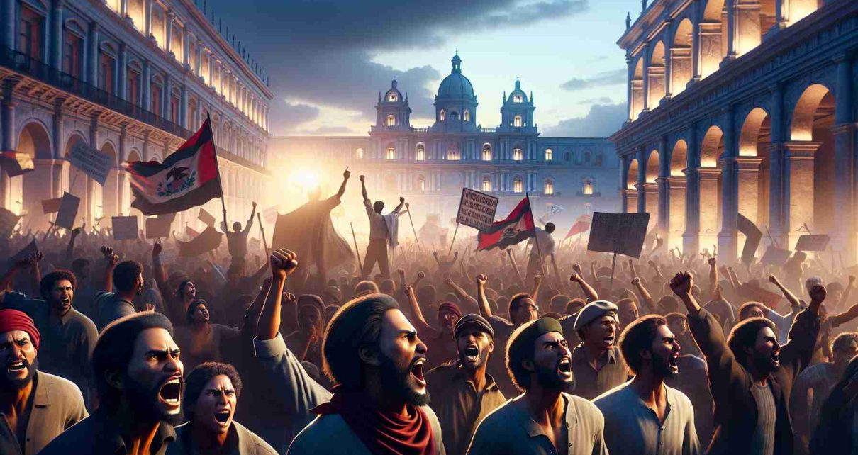 Realistic high-definition image depicting a group of exiles from an unidentified Latin American country passionately calling for stronger measures against an oppressive regime. The scene showcases a diverse, energetic crowd gathered in protest, wielding signs and banners with fervent expressions on their faces. The backdrop illuminates a major city square during early evening, with historical buildings silhouetted against the dwindling light.