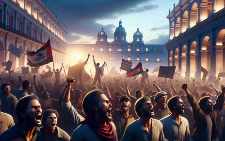 Realistic high-definition image depicting a group of exiles from an unidentified Latin American country passionately calling for stronger measures against an oppressive regime. The scene showcases a diverse, energetic crowd gathered in protest, wielding signs and banners with fervent expressions on their faces. The backdrop illuminates a major city square during early evening, with historical buildings silhouetted against the dwindling light.