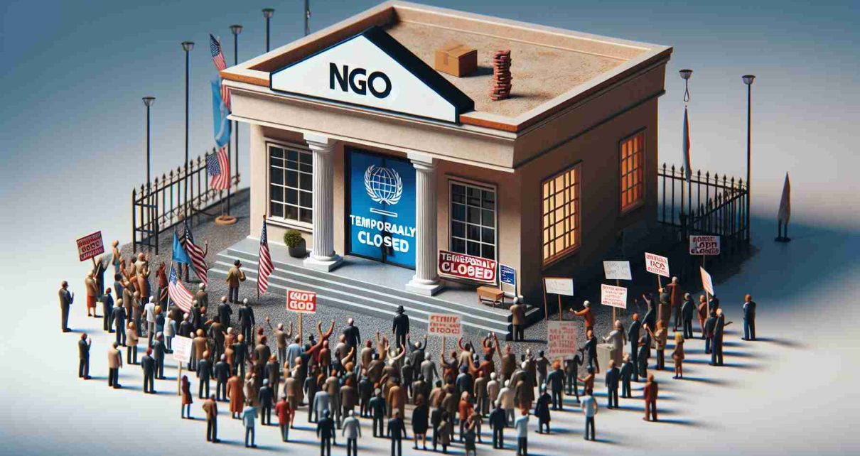 Realistic HD image depicting the metaphorical concept of a government shutdown affecting NGOs, represented by a locked NGO office with a sign 'Temporarily Closed' on the door, amid public outcry represented by protest signs and expressions of concern, not involving specific individuals or identifiable figures.