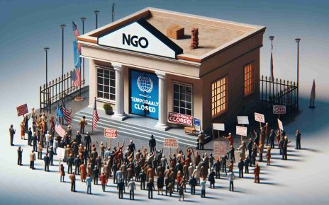 Realistic HD image depicting the metaphorical concept of a government shutdown affecting NGOs, represented by a locked NGO office with a sign 'Temporarily Closed' on the door, amid public outcry represented by protest signs and expressions of concern, not involving specific individuals or identifiable figures.