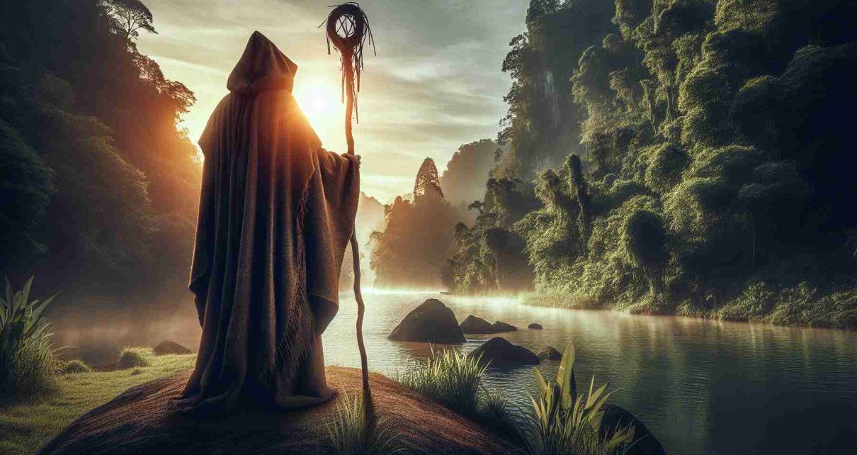 An realistic HD image displaying the concept of 'New Beginnings' represented through a symbolic figure meant to represent an Indigenous leader. His face is obscured for his privacy, but his prominent traditional cloak and staff speak for his authority. The location is a beautiful natural setting, perhaps the start of a lush trail or a river's source, symbolizing a journey's beginning. The rising sun, slowly illuminating the scenery, adds to the overall theme of renewal and fresh starts.