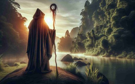 An realistic HD image displaying the concept of 'New Beginnings' represented through a symbolic figure meant to represent an Indigenous leader. His face is obscured for his privacy, but his prominent traditional cloak and staff speak for his authority. The location is a beautiful natural setting, perhaps the start of a lush trail or a river's source, symbolizing a journey's beginning. The rising sun, slowly illuminating the scenery, adds to the overall theme of renewal and fresh starts.