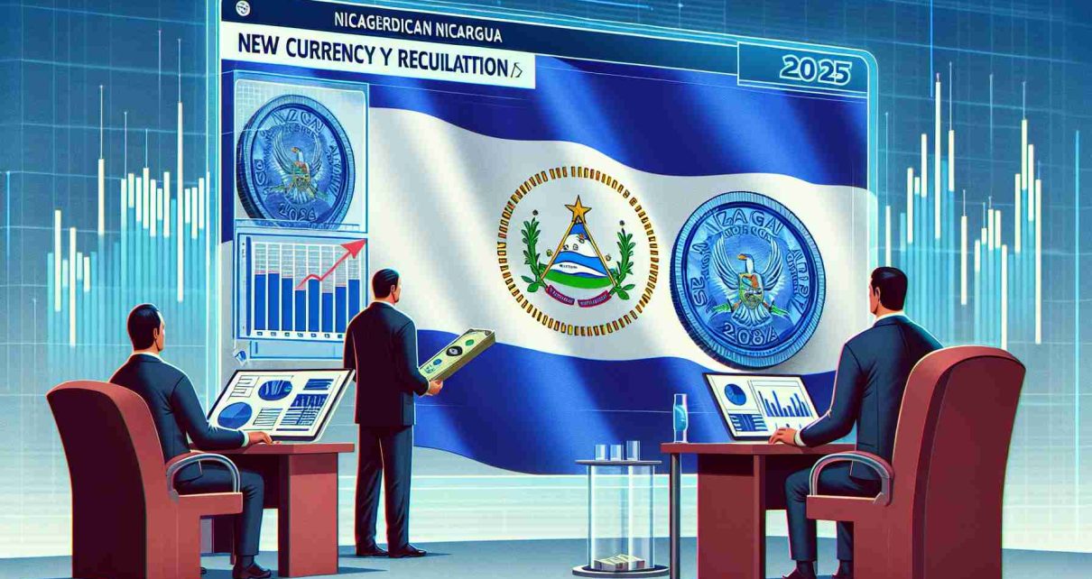 Visualize a realistic high-definition concept of a hypothetical event in 2025 wherein Nicaragua implements new currency regulations. The image could include a new design of Nicaraguan currency, finance officials analyzing economic graphs, or the national flag of Nicaragua as a backdrop with the words 'New Currency Regulations 2025' in bold letters.