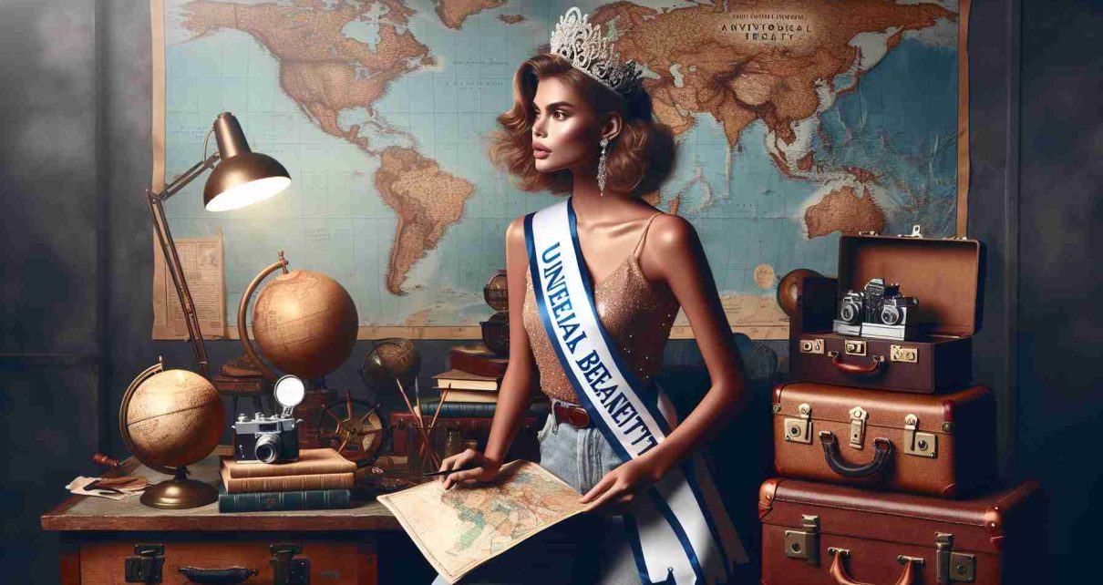 Generate a high-definition image of an adventurous figure who won a universal beauty pageant competition. She should be portrayed with bold confidence, featuring a sparkling tiara and a sash marking her title. Her beauty is balanced with a spirit of adventure, perhaps shown by her canvassing a world map or planning a trek, in the setting of an explorer's study, surrounded by globes, journals, and vintage suitcases.