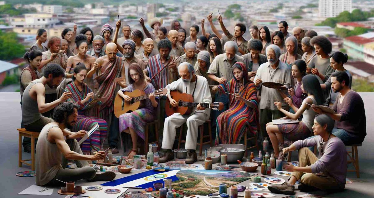 A high-definition realistic image depicting a culturally diverse group of artists, originating from Nicaragua, now living in exile. The group consists of people of various genders and descents expressing their creativity amidst challenging times. They could be captured in an intense moment of creation, perhaps painting, sculpting, sketching, or making music, emphasizing the sense of shared struggle and resilience. The background reveals an unfamiliar, multicultural city, indicating that they have left their homeland due to political reasons.