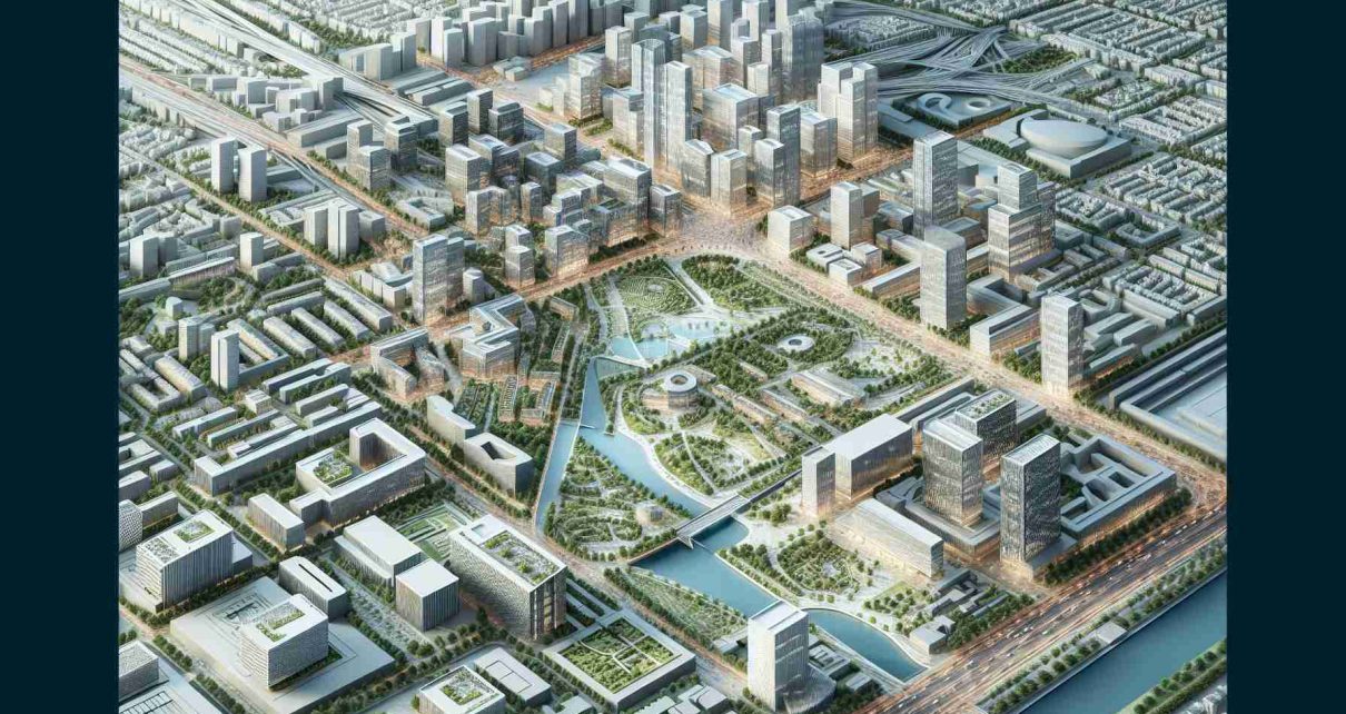 Detailed and realistic digital rendition in high definition of architectural plans showcasing the envisaged revitalization of an urban area, filled with modern buildings, public parks, and bustling streets. The design should incorporate aspects of sustainable development, blending nature with urbanism.