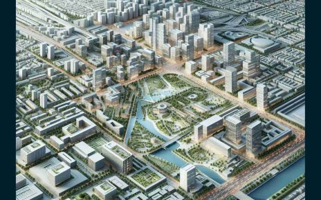 Detailed and realistic digital rendition in high definition of architectural plans showcasing the envisaged revitalization of an urban area, filled with modern buildings, public parks, and bustling streets. The design should incorporate aspects of sustainable development, blending nature with urbanism.