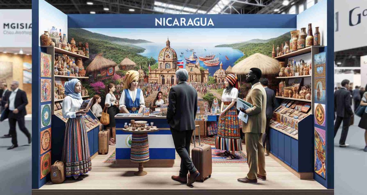 A high-definition, realistic image representing the participation of Nicaragua in an international tourism event held in England. The image consists of a pristine, well-decorated Nicaraguan stall boasting traditional crafts, vibrant color schemes, and cultural artifacts. Fluent in Spanish and English language, a middle-eastern female participant and a black male participant can be seen discussing tourism packets. Customers, varying in descent and gender, are sprinkled throughout the image. Prominently, the backdrop features a series of large-scale promotional boards adorned with beautiful Nicaraguan landscapes and cultural symbols.