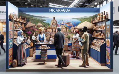 A high-definition, realistic image representing the participation of Nicaragua in an international tourism event held in England. The image consists of a pristine, well-decorated Nicaraguan stall boasting traditional crafts, vibrant color schemes, and cultural artifacts. Fluent in Spanish and English language, a middle-eastern female participant and a black male participant can be seen discussing tourism packets. Customers, varying in descent and gender, are sprinkled throughout the image. Prominently, the backdrop features a series of large-scale promotional boards adorned with beautiful Nicaraguan landscapes and cultural symbols.