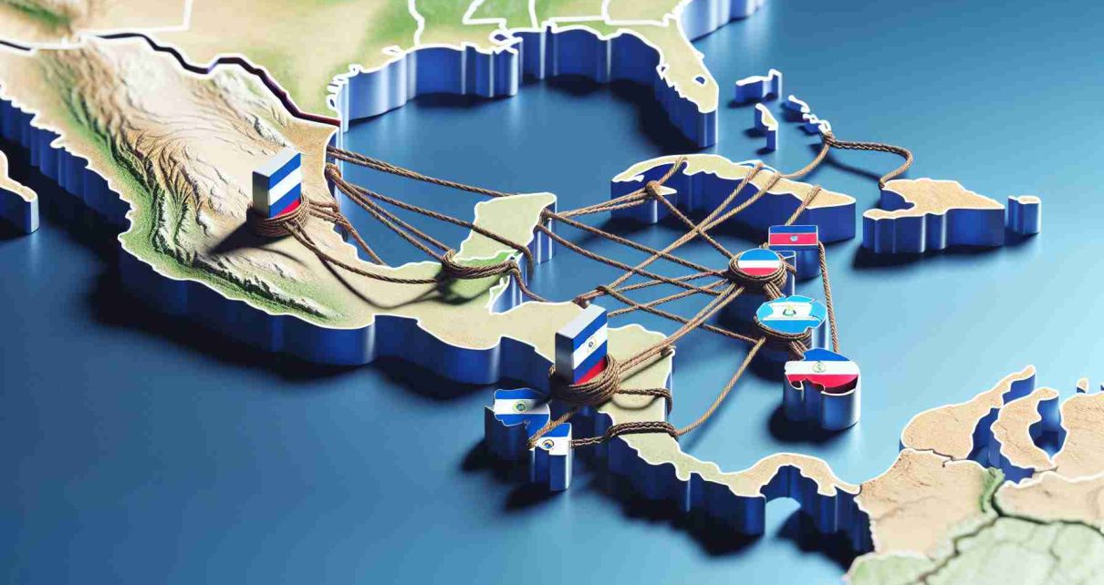 Realistic high-definition image of a symbolic representation of Nicaragua's alliances becoming a threat to the stability of the region. The image could show a map of Central America with clear indication of Nicaragua and symbolic connections to other countries. These connections could be illustrated as chains or ropes which are pulling or straining the surrounding countries thus indicating potential instability.