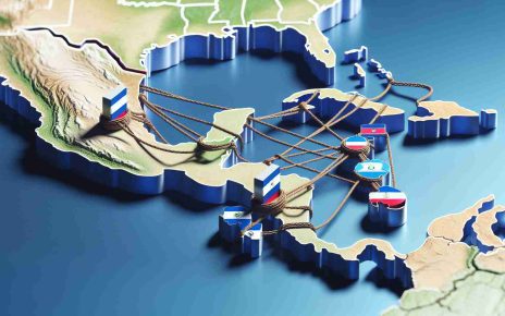 Realistic high-definition image of a symbolic representation of Nicaragua's alliances becoming a threat to the stability of the region. The image could show a map of Central America with clear indication of Nicaragua and symbolic connections to other countries. These connections could be illustrated as chains or ropes which are pulling or straining the surrounding countries thus indicating potential instability.