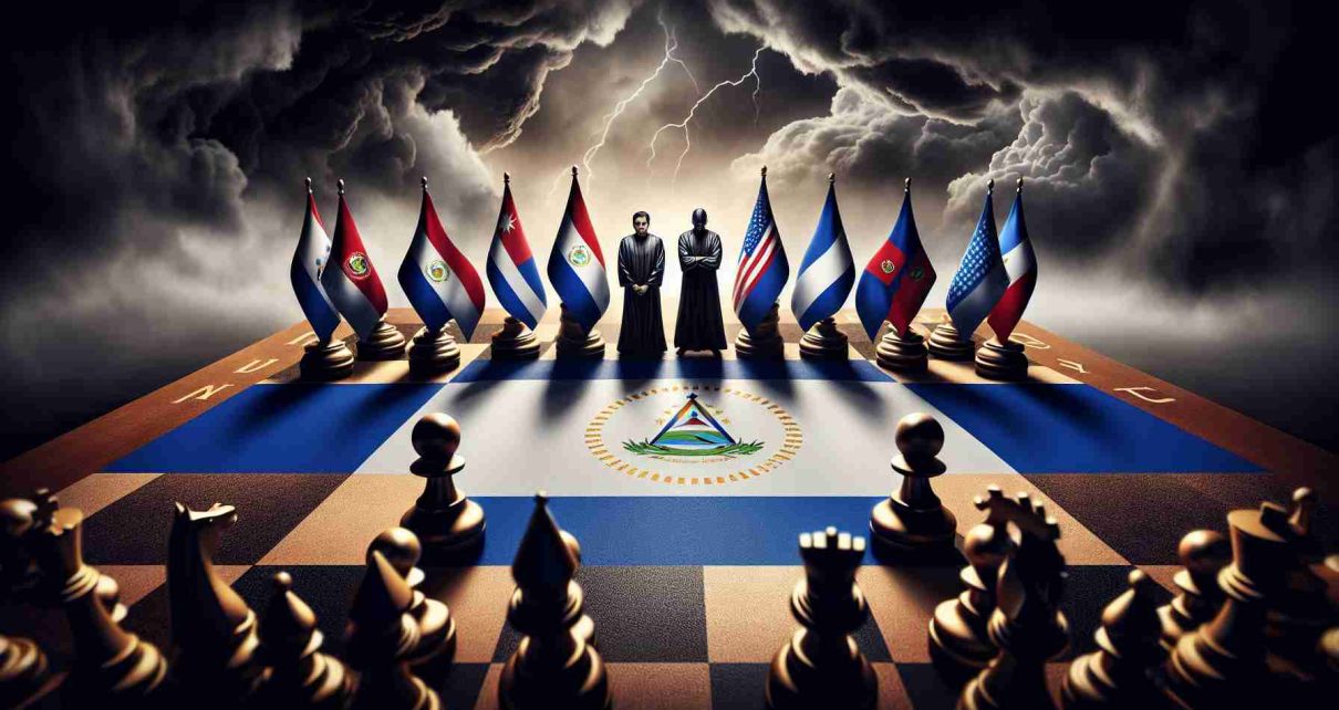 A realistic HD image, akin to a powerful editorial illustration, that portrays the tension between Nicaragua and its regional neighbors over the selection of a Secretary General. Show a symbolic representation of Nicaragua on a chessboard with her surrounding regional counterparts, each depicting their distinct national flags. Intensify the scene with dark storm clouds swirling over them indicating the escalating tension and threat.