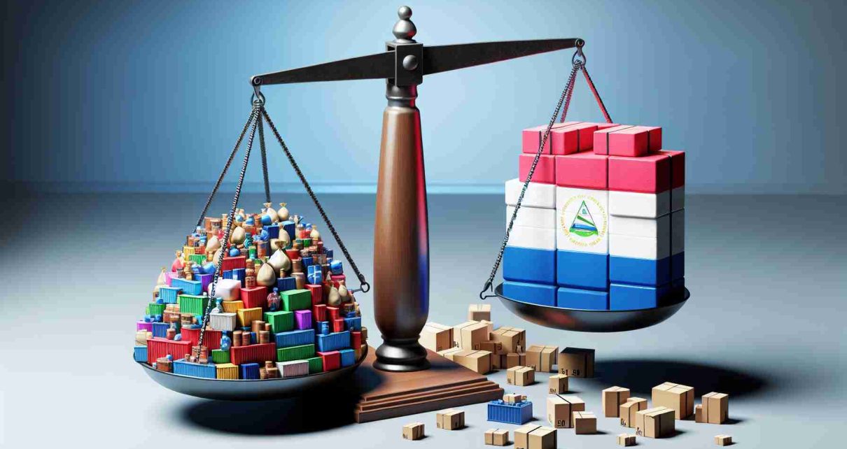 A realistic, high-definition illustration representing an economic concept. Display a trade deficit widening dramatically, symbolized by a scale tipped in favor of a large number of assorted import goods on one side against a small number of export items on the other. The setting is a symbolic representation of Nicaragua, perhaps including its flag or geographical features.