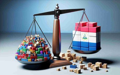 A realistic, high-definition illustration representing an economic concept. Display a trade deficit widening dramatically, symbolized by a scale tipped in favor of a large number of assorted import goods on one side against a small number of export items on the other. The setting is a symbolic representation of Nicaragua, perhaps including its flag or geographical features.