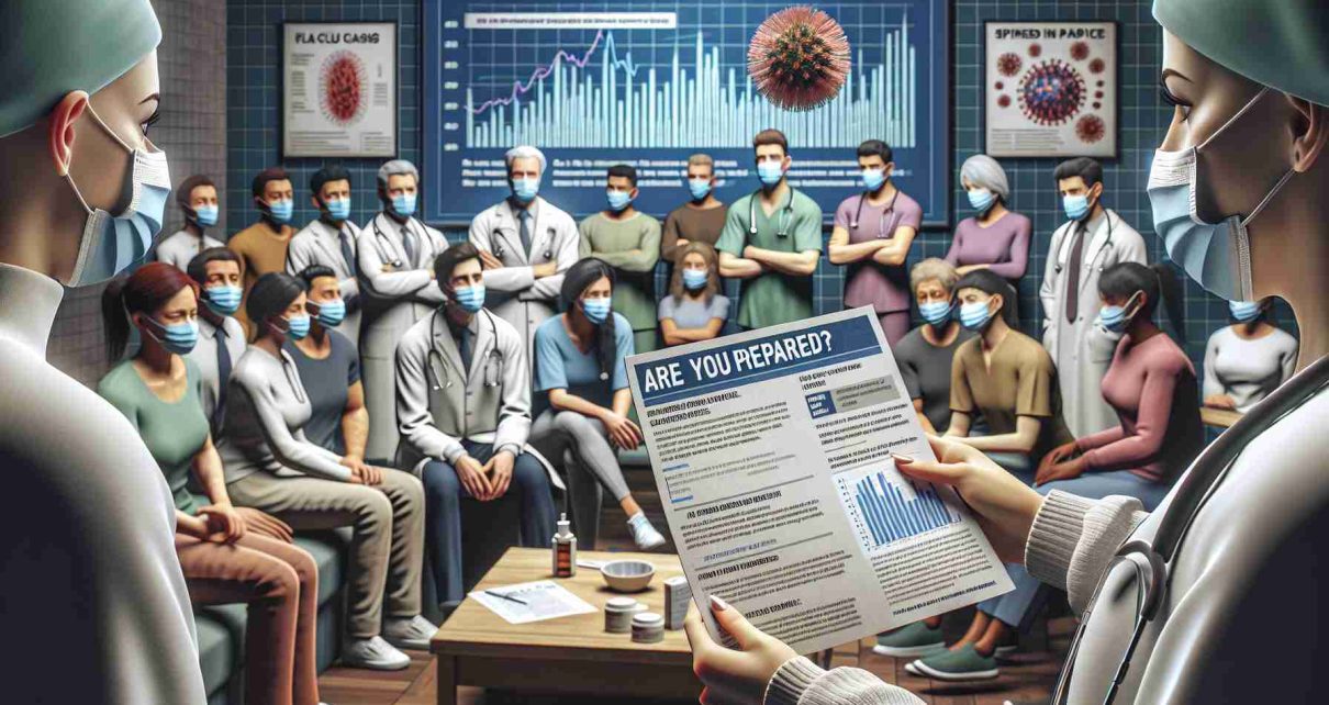 An hyper realistic image of a scene depicting a flu crisis - a healthcare setting with concerned doctors and nurses, patients wearing masks and the medical staff attending to them. Visible in the scene is an infographic in the background with statistics indicating spikes in flu cases. In the foreground, a person examining a pamphlet titled 'Are You Prepared?' providing information on how to deal with a flu crisis. All the individuals are of diverse descents including Caucasian, Hispanic, Asian, and Middle-Eastern, and of various genders.