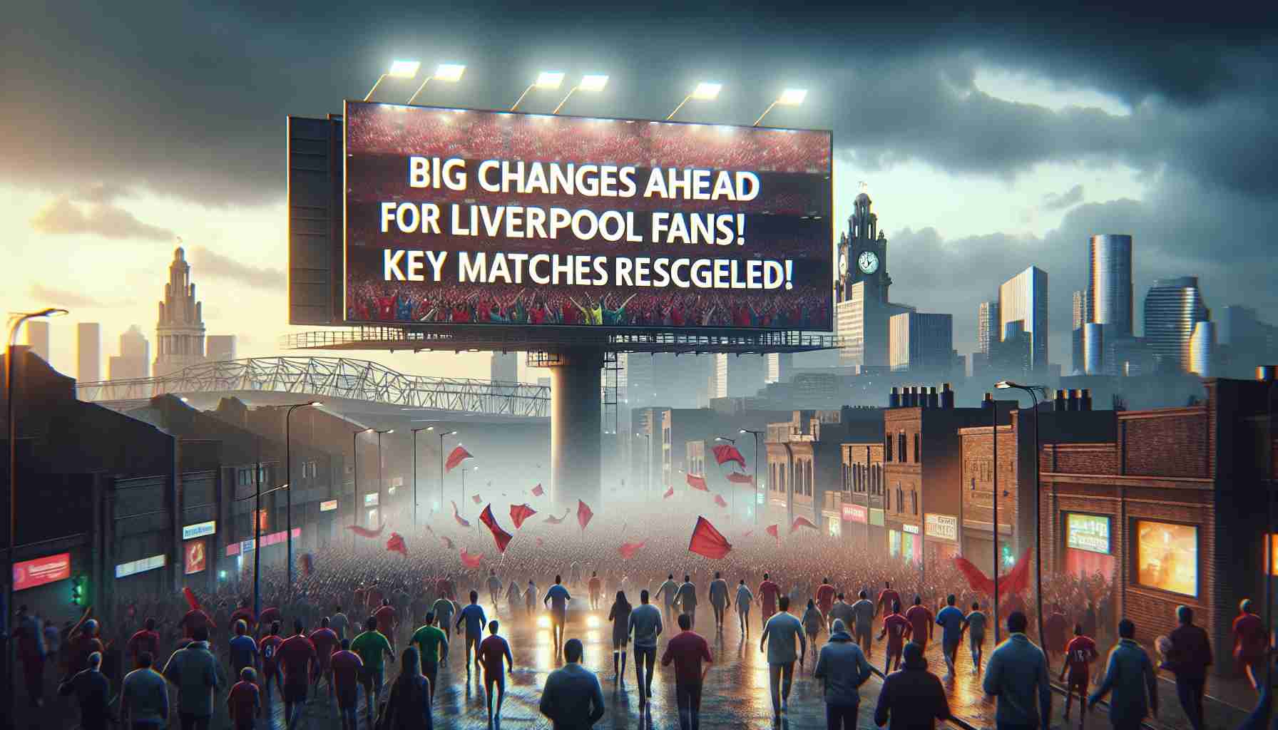 A high definition, realistic visual representation of a dramatic billboard or banner announcing 'Big Changes Ahead for Liverpool Fans! Key Matches Rescheduled!'. This banner is set against the backdrop of a bustling city scape, filled with symbolisms associated with football culture, such as people wearing jerseys, scarves or holding flags, and bright stadium lights in the distance. The sky could hold an omen of change, perhaps a shifting sunset or an approaching storm. The atmosphere should hold mix of anticipation and adjustment, capturing the essence of football fans bracing for rescheduled matches.