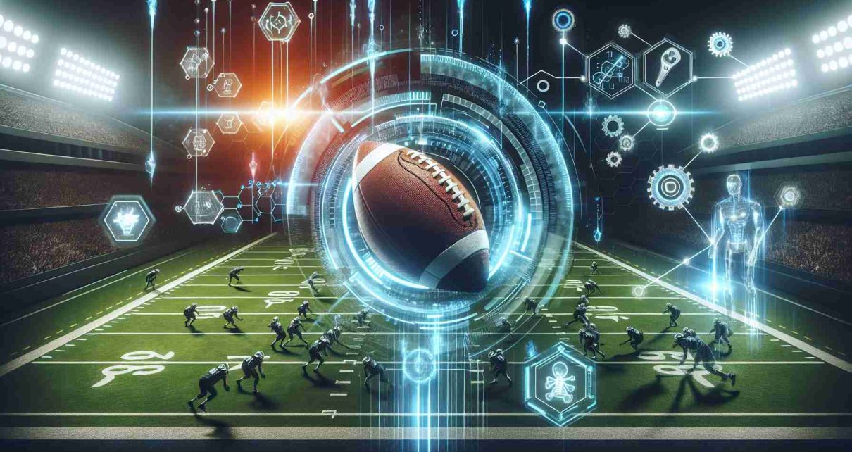 Create a high-definition image that symbolises the futuristic vision of football in South Carolina. Visualize advanced AI technology interfacing with traditional elements of the sport. Use elements like a digital grid overlaid on the football field, holographic diagrams depicting strategies, and AI-enhanced gears for players to showcase the futuristic aspect.