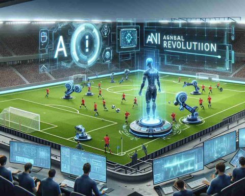 Realistic high-definition image of a generic football club embracing the AI revolution. Depict the scene as a new era for football strategy and visualize the cutting-edge technology being employed in their tactics and training sessions, such as advanced software on the screens, robotics assisting in the training, etc. Please include the football pitch in the background and the club's members, staff, and players interacting with this new technology.