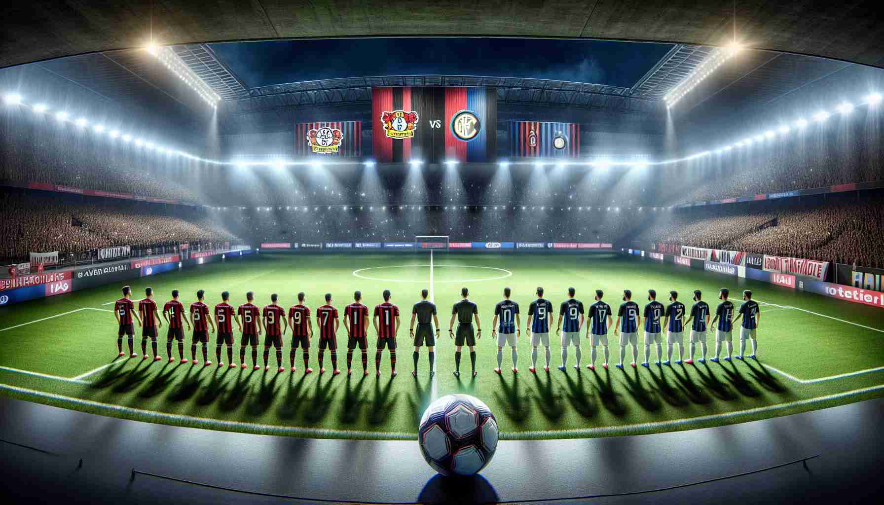 A realistic, high-definition illustration of a highly anticipated football match scenario. Visualise the pitch set in an arena buzzing with energy and excitement. Members of Bayer Leverkusen and Inter Milan, two esteemed football clubs, are on the field, ready to challenge each other. Consider each team's respective jerseys, Bayer Leverkusen in their black and red stripes and Inter Milan in their signature blue and black stripes. The football, centerpiece of the pitch, signals the imminent kickoff. Display banners of both teams to portray the sense of rivalry and competition.