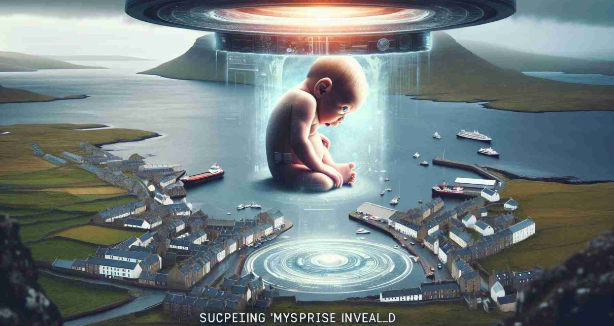 Create a highly detailed, realistic image showcasing a surprising event in Shetland. Visualize a baby, possibly with common features of people from the United Kingdom, exploring an innovative, futuristic technology. Highlight the elements of surprise and wonder, underpinning the 'mystery unveiled' aspect in the setting of this island archipelago.