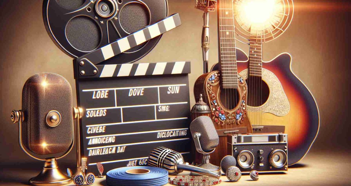 High definition image of a dazzling film set. The film set is meant for a biopic of a legendary folk and rock musician from the 1960s. Elements like vintage microphones, a guitar, and other musical instruments should be seen around. A clapperboard is noticeable showing an announced release date.