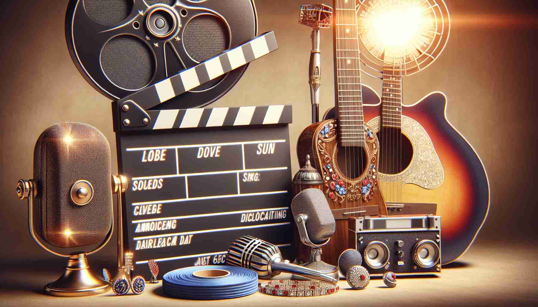 High definition image of a dazzling film set. The film set is meant for a biopic of a legendary folk and rock musician from the 1960s. Elements like vintage microphones, a guitar, and other musical instruments should be seen around. A clapperboard is noticeable showing an announced release date.