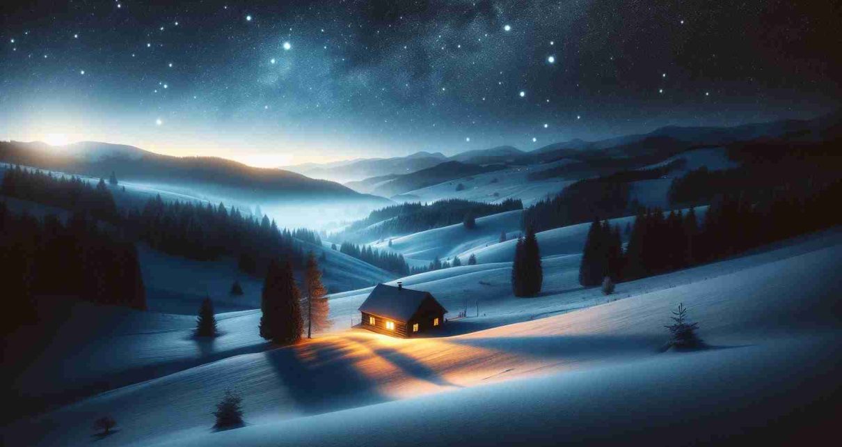 Generate a HD realistic photograph that exemplifies the arrival of winter and the longest night of the year. In the image, there should be a serene snow-covered landscape under a dark starry night sky. Perhaps a lone cabin with warm light seeping through the windows can be added somewhere in the scene, bringing about a sense of warmth and anticipation for the changing season.