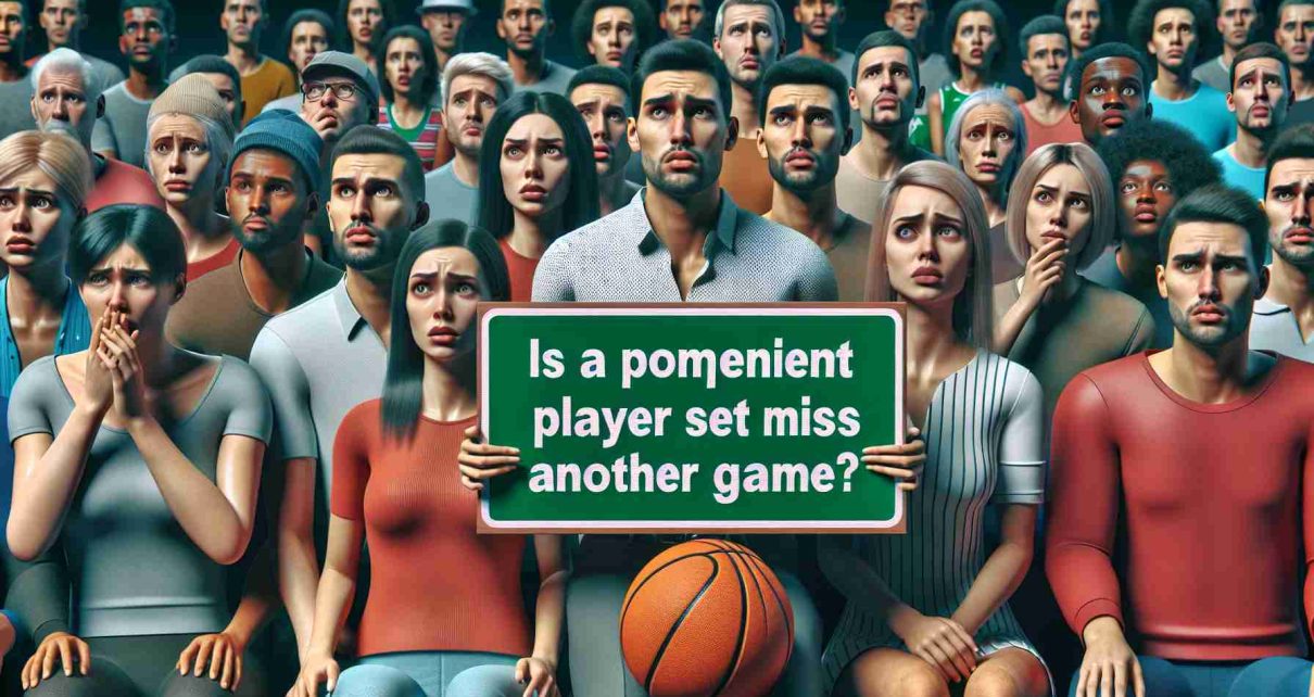 Realistic high-definition image of a question that asks, 'Is a prominent professional basketball player set to miss another game?' against a backdrop of anxious fans. The fans are a mix of different ages, genders, and descents such as Hispanic, Caucasian, and Middle-Eastern, expressing apprehension and eagerness for the next game.