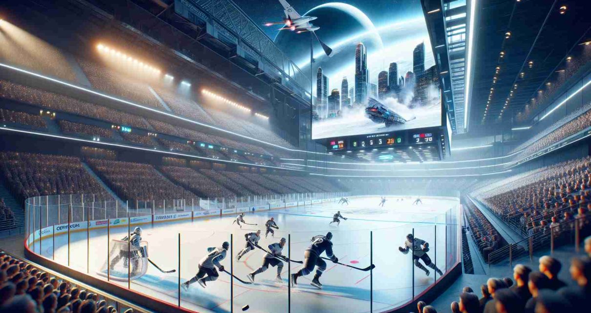 Imagine a realistic and high-definition image, that perfectly encapsulates the future of the wild and the high-tech hockey revolution in Minnesota. It could feature pristine ice rinks equipped with state-of-the-art technology, digital scoreboards, and supremely equipped players with high-tech protective gear engaging in a competitive hockey match. The viewer's perspective is from a bird's-eye view, capturing every detail of the adrenaline-fueled hockey revolution on the ice.