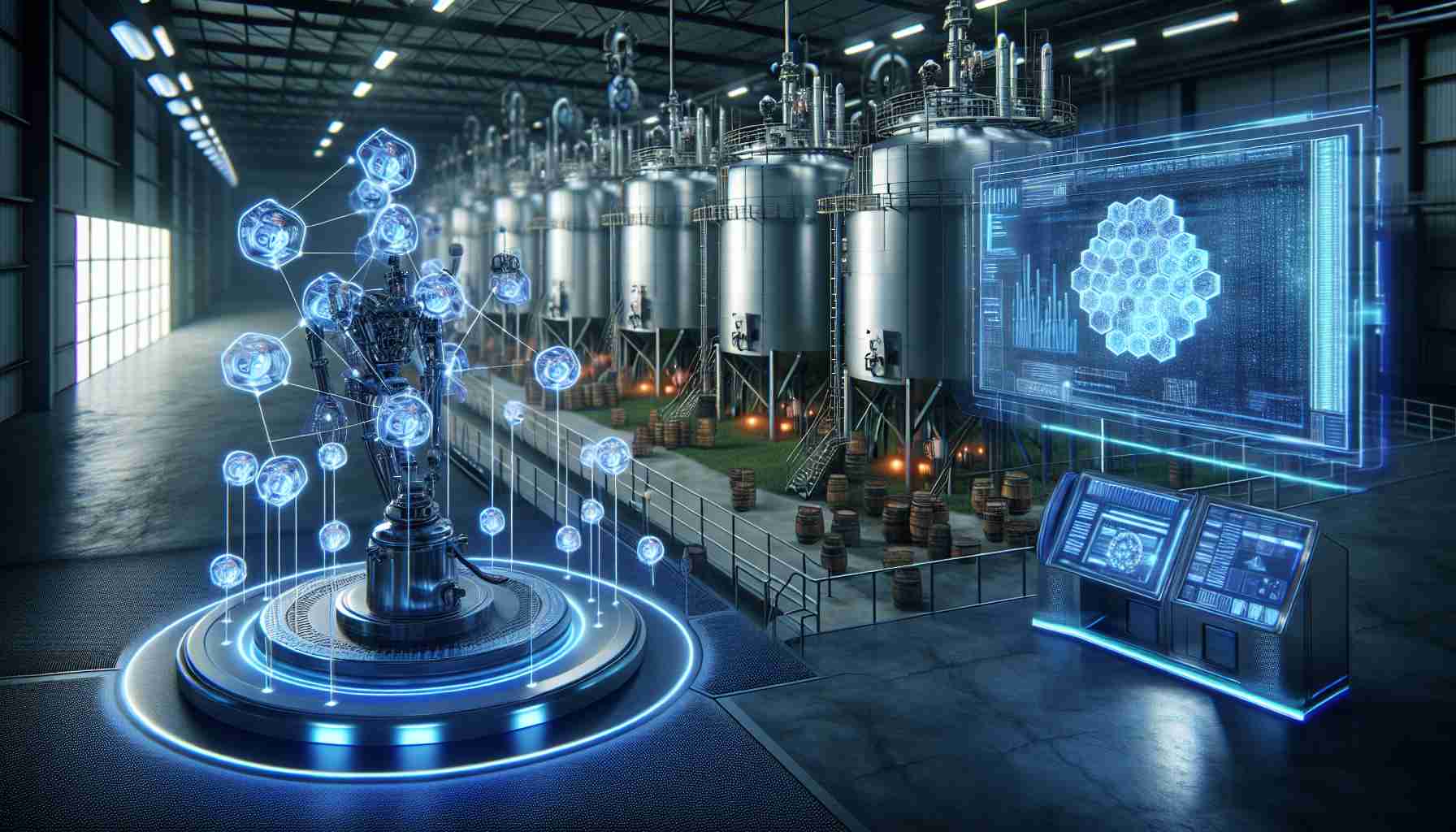 Imagine a display of advanced technology preventing a peculiar future crime: a theft of maple syrup. In the foreground, an AI mechanism with glowing blue lights is analyzing patterns, trends, and potential threats. To its side, a holographic interface displays blockchain technology, formed by interlinked virtual blocks, highlighting its robust security. In the background, a massive maple syrup production facility filled with shiny, stainless steel vats and barrels under tight surveillance. The entire scene is cast in cool, nocturnal shades, reflecting a future poised between innovation and intrigue.