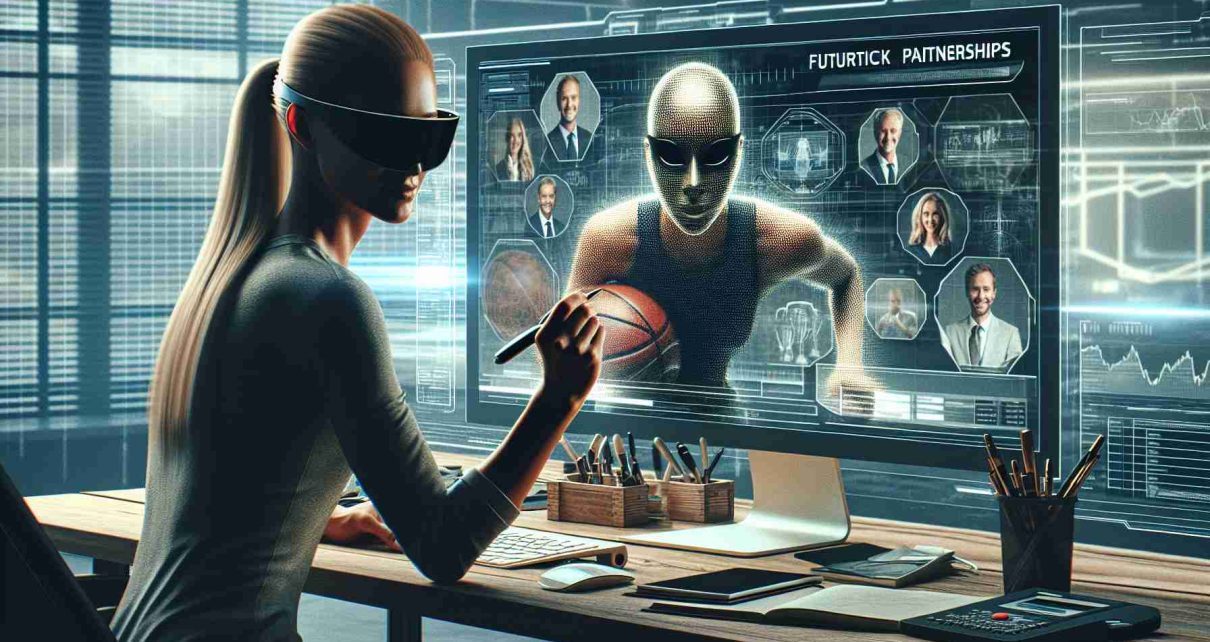 A high-definition, realistic image of an anonymous tech-savvy woman. She is recognized as a significant force behind a successful athlete, known for her innovative thinking and expertise in technology. The scene depicts her working on futuristic tech partnerships. She's at a desk filled with state-of-the-art tech tools and gadgets, holding a meeting with partners on a large screen, implying the partnerships with future tech innovations.