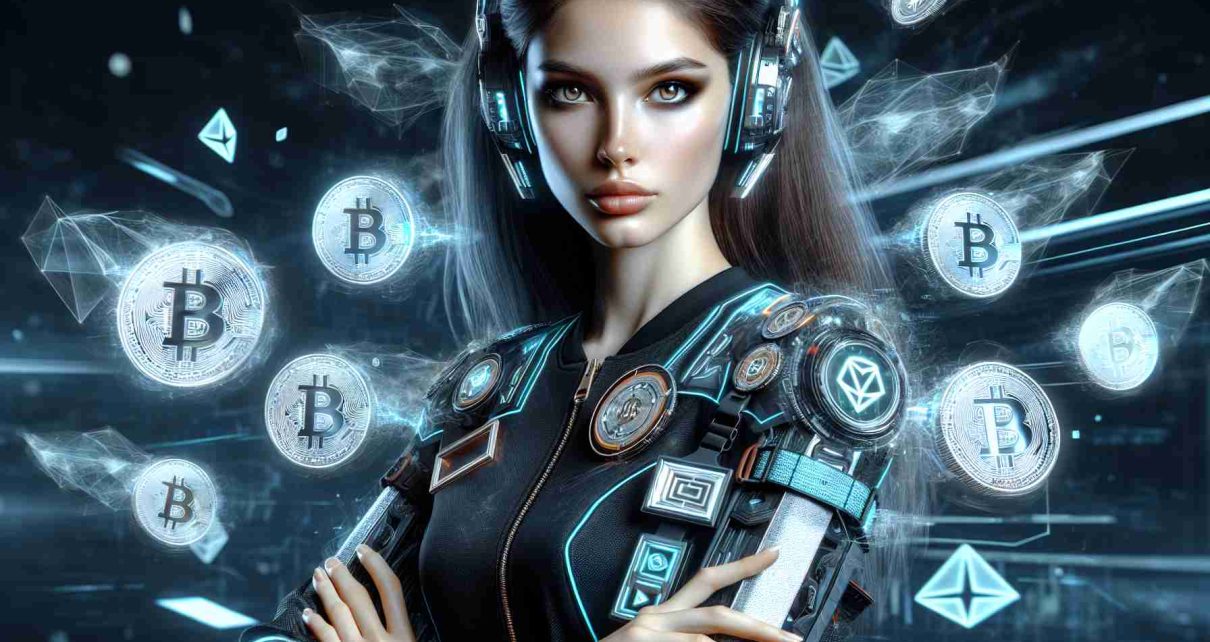 A realistic, high definition image of a futuristic and innovative girl associated with the world of cryptocurrency. She is seen confidently posing with her arms crossed, her eyes glowing with determination. She wears trendy, futuristic attire that reflects the digital world of crypto. The background consists of flying, holographic symbols representing different cryptocurrencies. Fierce like a hawk, she is ready to conquer the financial world. Note that she does not represent any particular real person.