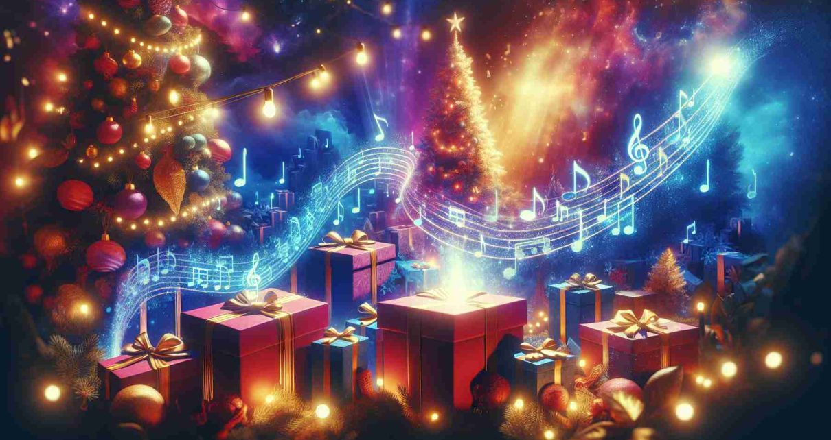 A vibrant, high-definition image illustrating the concept of discovering hidden gems of Christmas music. The image takes you on a journey of exploring melodious festive tunes that define the Christmas season. There could be scenes of beautifully wrapped presents, the gifts standing symbol for undiscovered songs. A background filled with festive decorations like twinkling lights, a charming Christmas tree, and a warm fireplace could be present. Ethereal images of musical notes floating out from the gifts, perhaps depicting popular holiday tunes, would add an enchanting touch.