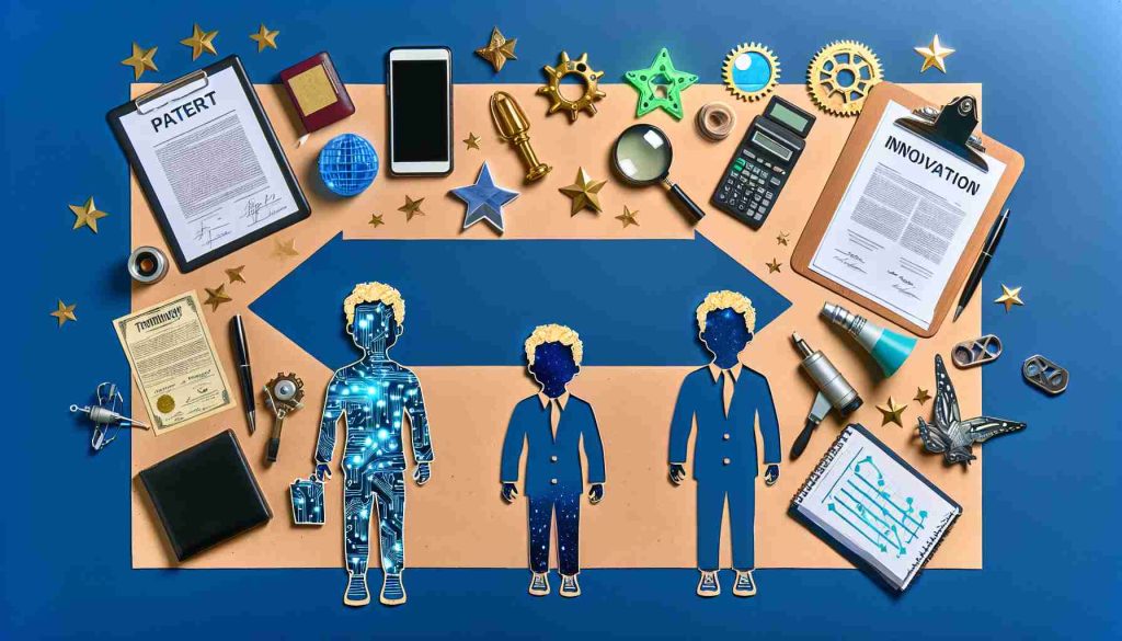 An image in high definition depicting the transformation of a generic child star into a technology innovator. To capture the theme 'Surprising New Venture', include items such as patents, technological devices, and other symbols of innovation. Use this setup to represent the journey from entertainment to tech world.