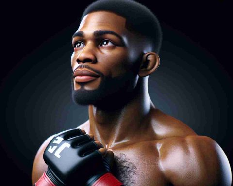 High-definition realistic image of a male mixed martial arts fighter of black descent, recognized for revolutionizing the world of professional MMA rankings. He is displayed in an action pose reflecting his fighting style. A hopeful expression on his face, symbolizing the promising future that lies within his reach.