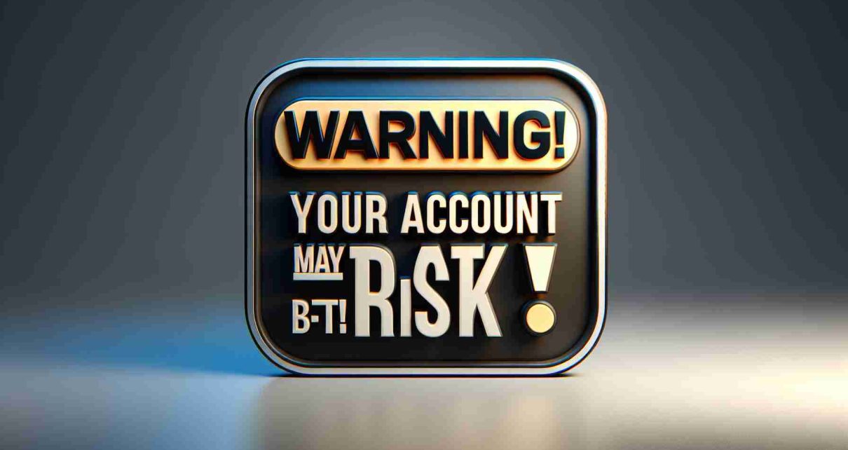 An HD image in a realistic style depicting the alarming message 'Warning! Your Account May Be at Risk!' The text should be big and bold, preferably of a contrasting color to its background to attract immediate attention. The background may be simple and minimalistic to ensure the warning message stands out.