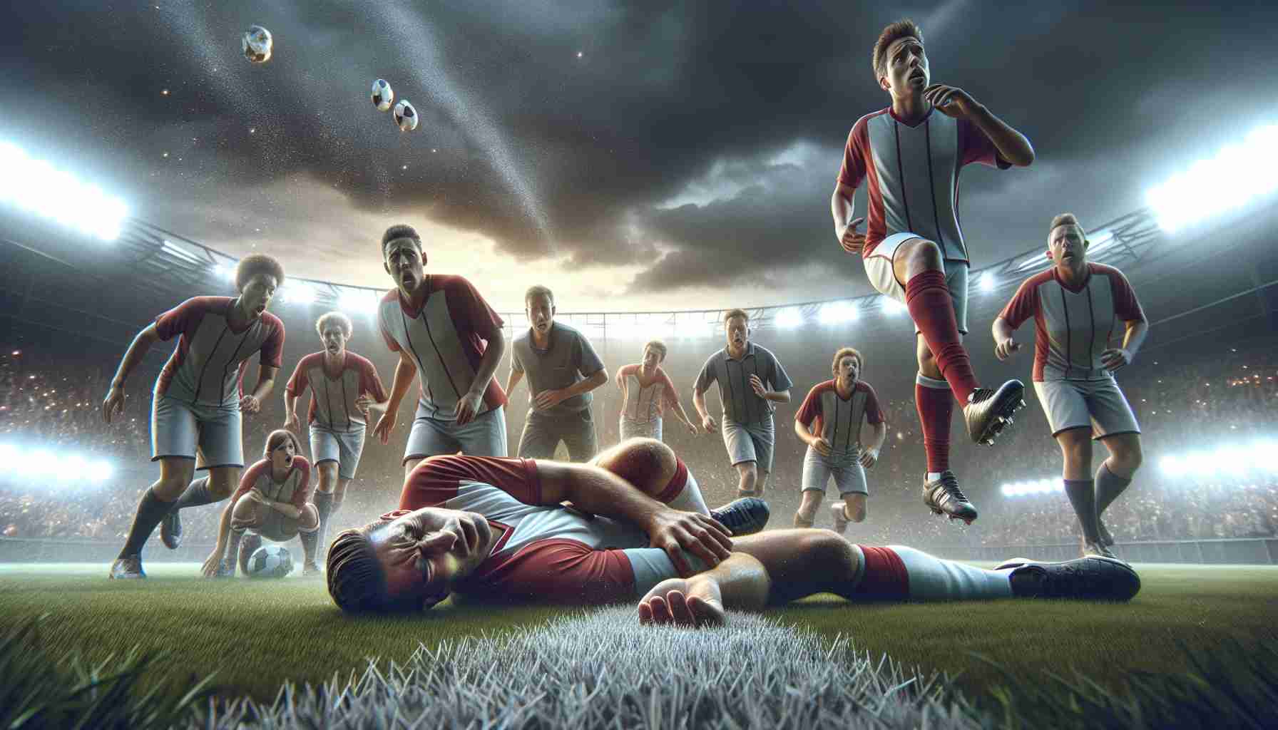 A high-definition, realistic image of a dramatic moment on a sports field. The scene unfolds with the star player having suffered an injury during an intense game. Surrounding him, the expressions of shock and disbelief are palpable on the faces of his teammates, opponents, and spectators alike. The sky is a somber grey, reflecting the tense atmosphere. The illumination of the floodlights on the field lends a surreal glow to the scene.