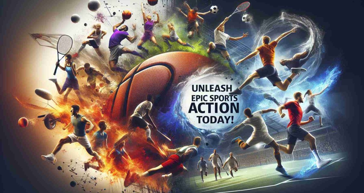 Create a realistic HD image depicting an epic scene from various sports. Display a gripping sequence of basketball, soccer, and tennis actions involving skilled athletes. Intertwine these scenes with graphics indicative of amazing savings and discounts, ideal for a sports equipment campaign. Highlight the theme - 'Unleash Epic Sports Action Today!'