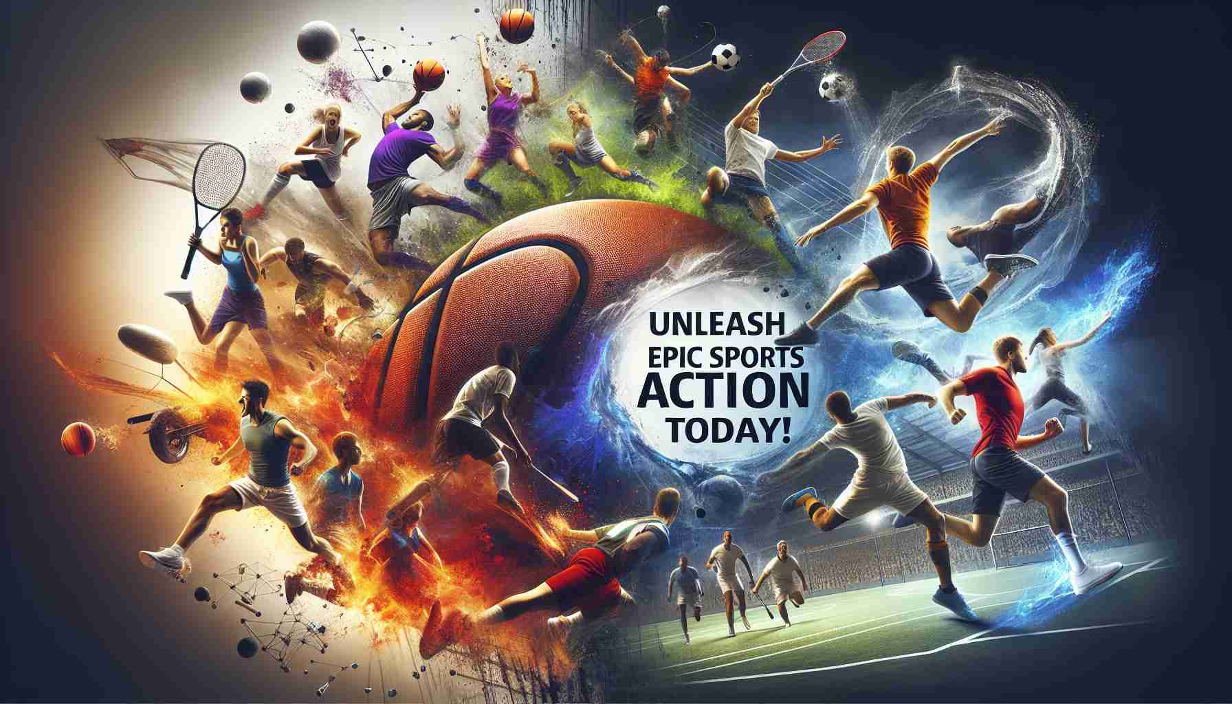 Create a realistic HD image depicting an epic scene from various sports. Display a gripping sequence of basketball, soccer, and tennis actions involving skilled athletes. Intertwine these scenes with graphics indicative of amazing savings and discounts, ideal for a sports equipment campaign. Highlight the theme - 'Unleash Epic Sports Action Today!'