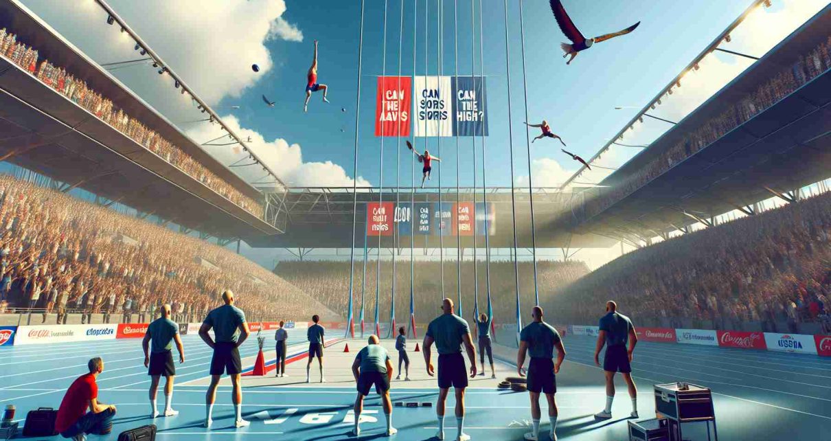 A high-definition, realistic illustration showing tension building in an athletic competition. The scene should depict athletes preparing for a crucial match, displaying a combination of eager determination and anxiety. The environment is buzzing with anticipation, spectators filling the stands, and banners flying high in the sky, metaphorically suggesting 'Can the athletes soars high?'