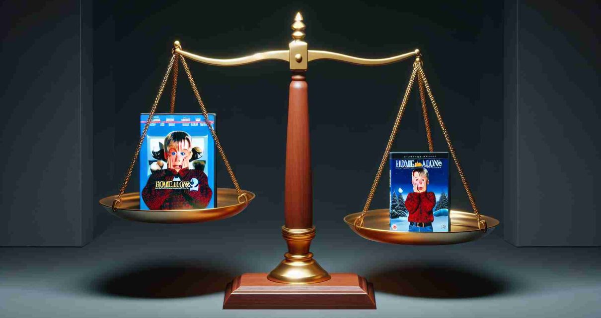 A high-definition, realistic image that metaphorically represents the concept of people having a larger affection for the sequel, Home Alone 2, compared to the original Home Alone movie. The image could consist of a symbolic representation such as a scale, with stylized DVD covers of both the films on each side. Home Alone 2's side should be visually heavier, indicating greater popularity. Keep the design simple, pleasing, and easy to understand.