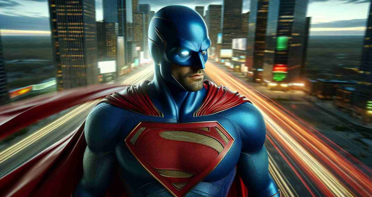 High-definition, realistic image of an iconic superhero who is known for his blue costume and red cape readying for a grand comeback. The background suggests exciting new developments are underway.