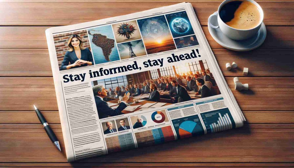 A high-definition, realistic image of a newspaper with a bold headline that reads 'Stay Informed, Stay Ahead!'. Beneath the headline is a collage of news-related images such as a reporter interviewing someone, a weather forecast in progress, financial graphs and charts, and snapshots from major global events. The newspaper is spread out on a wooden table with a cup of coffee placed to the left, creating a cozy morning news-reading setting.