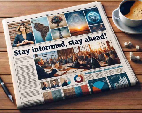 A high-definition, realistic image of a newspaper with a bold headline that reads 'Stay Informed, Stay Ahead!'. Beneath the headline is a collage of news-related images such as a reporter interviewing someone, a weather forecast in progress, financial graphs and charts, and snapshots from major global events. The newspaper is spread out on a wooden table with a cup of coffee placed to the left, creating a cozy morning news-reading setting.