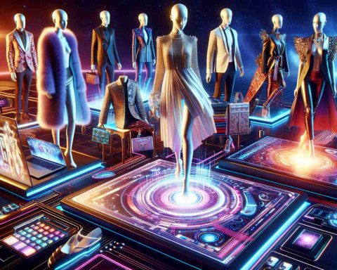 Generate a high-definition, realistic image representing the future of fashion gaming. This scene should include elements suggestive of an advanced and limitless fashion universe, with the latest updates, lavish clothing designs, futuristic gadgets related to fashion gaming. Let there be avatars dressed in sophisticated ensembles interacting with high-tech interfaces and gaming environments.