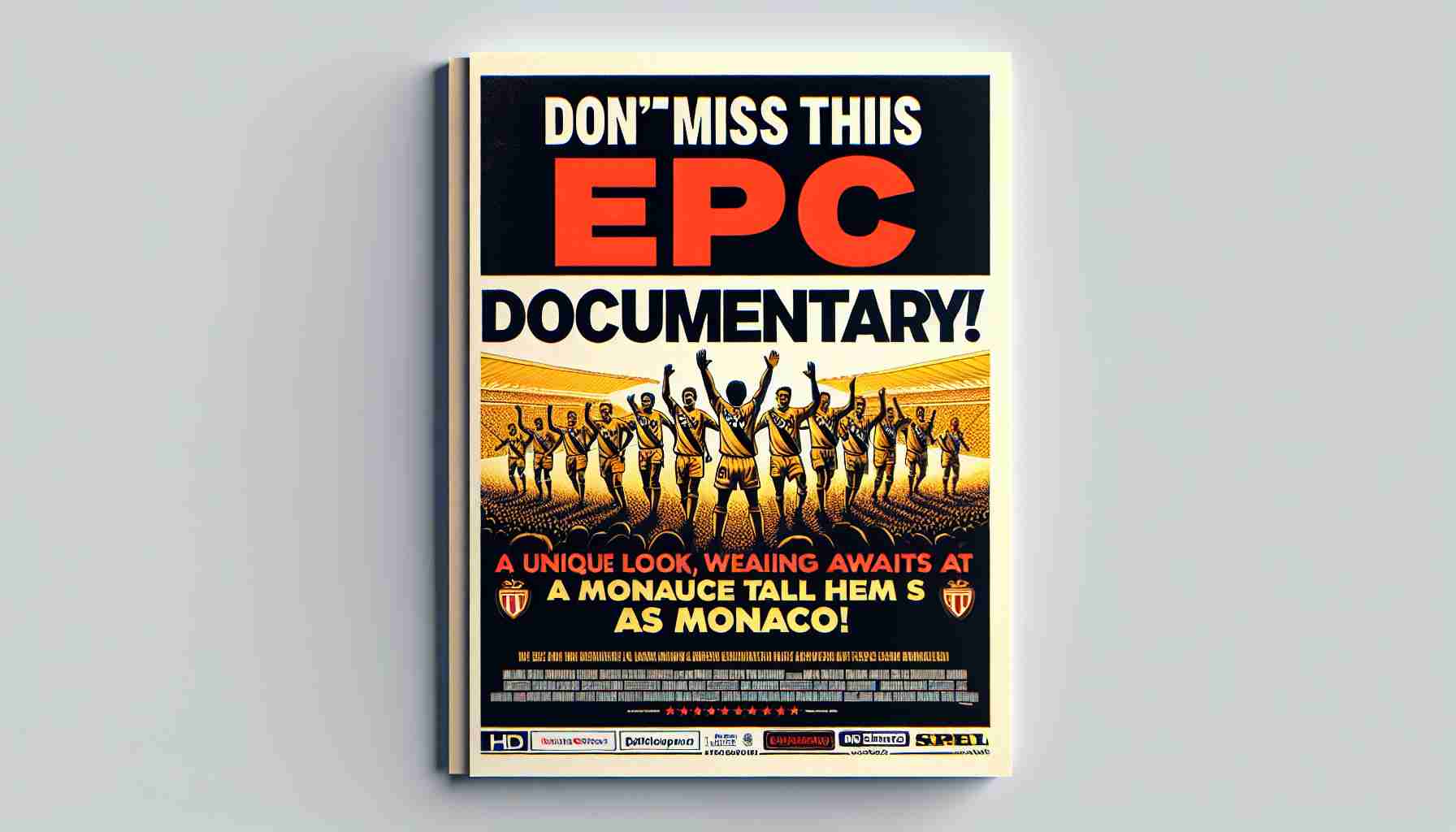 An HD representation of an enticing promotional flyer for an epic documentary. The main heading of the flyer reads, 'Don't Miss This Epic Documentary!' Following this is an anticipation-inducing subtitle reading, 'A Unique Look at AS Monaco Awaits You!' There's a strong indication that the documentary will offer an immersive exploration of the well-known football team, AS Monaco.