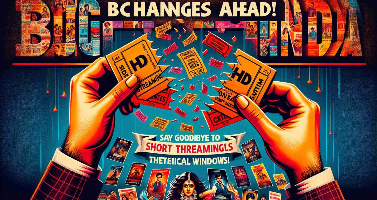 Conceptual representation of evolving changes in the Bollywood film industry signifying the end of short theatrical windows. Image details: The focal point of the image should be a symbolic pair of retro cinema tickets tearing apart to make way for HD streaming logos, amidst a backdrop of colorful Bollywood movie posters. Make sure the backdrop includes elements of drama, romance, and action, trademarks of Bollywood cinema. Include text demonstrating the transition 'Big Changes Ahead! Say Goodbye to Short Theatrical Windows!' in bold, eye-catching fonts, with a hint of Bollywood style.