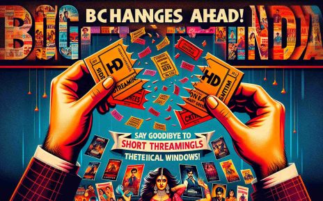 Conceptual representation of evolving changes in the Bollywood film industry signifying the end of short theatrical windows. Image details: The focal point of the image should be a symbolic pair of retro cinema tickets tearing apart to make way for HD streaming logos, amidst a backdrop of colorful Bollywood movie posters. Make sure the backdrop includes elements of drama, romance, and action, trademarks of Bollywood cinema. Include text demonstrating the transition 'Big Changes Ahead! Say Goodbye to Short Theatrical Windows!' in bold, eye-catching fonts, with a hint of Bollywood style.