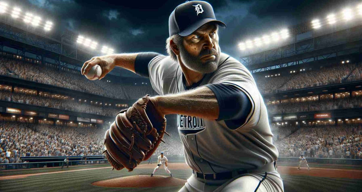 A highly detailed and realistic image of a crucial baseball event unfolding in Detroit. A highly expected scene where a veteran pitcher, showcasing immense might and focus, has recently joined a team, raising everyone's expectations. He is captured in the midst of his pitching motion, a grim determination etched onto his visage. Huge stands of the stadium filled with excited audiences who have big hopes from him illuminate in the background.