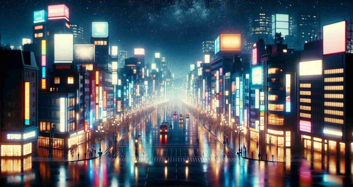 Generate a realistic, high-definition image of a cityscape at night time where the illuminating, dazzling lights captivate audiences. It should show beautifully lit structures, glowing streetlights, and vibrant signs reflecting on the wet pavements and darkened buildings. The city is alive with color and light, creating an enchanting spectacle that draws the viewer in and captivates them. The atmospheric setting is completed by a starlit sky serving as a perfect backdrop to the dazzling cityscape. Please note that it is not an actual city but a fictional one inspired by various lively cities at night.